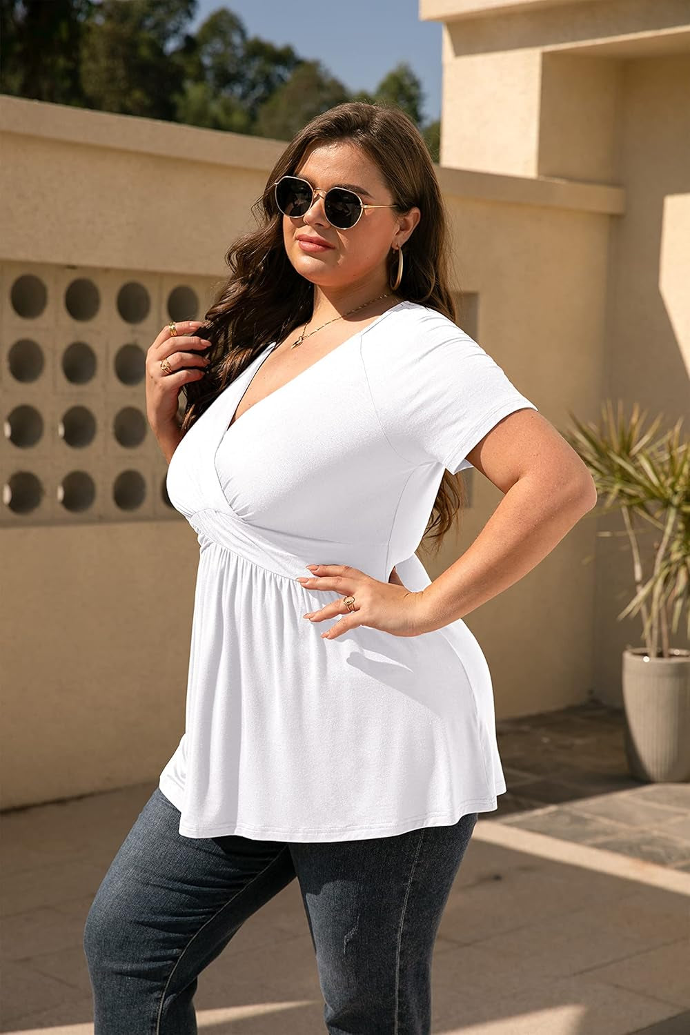 Women'S plus Size Dressy Tops Wrap Shirt Short Sleeve Tunic Top V Neck Low Cut Cute Blouse