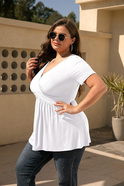 Women'S plus Size Dressy Tops Wrap Shirt Short Sleeve Tunic Top V Neck Low Cut Cute Blouse
