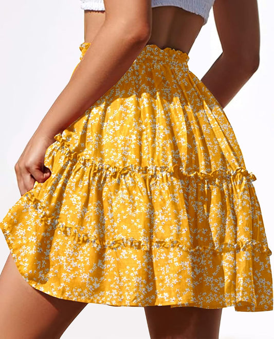 Women'S Summer Boho Floral Print Mini Skirt High Waist Drawstring Tiered Skirts