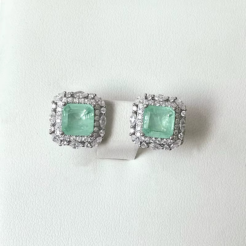 Wholesale  Brand 100% 925 Sterling Silver Paraiba Tourmaline Gemstone Birthstone Ear Studs Earrings Ladies Fine Jewelry