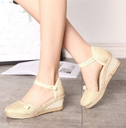 Women Closed Toe Ankle Strap Espadrille Sandals Retro Style Platform Wedge Thick Bottom Shoes Beige