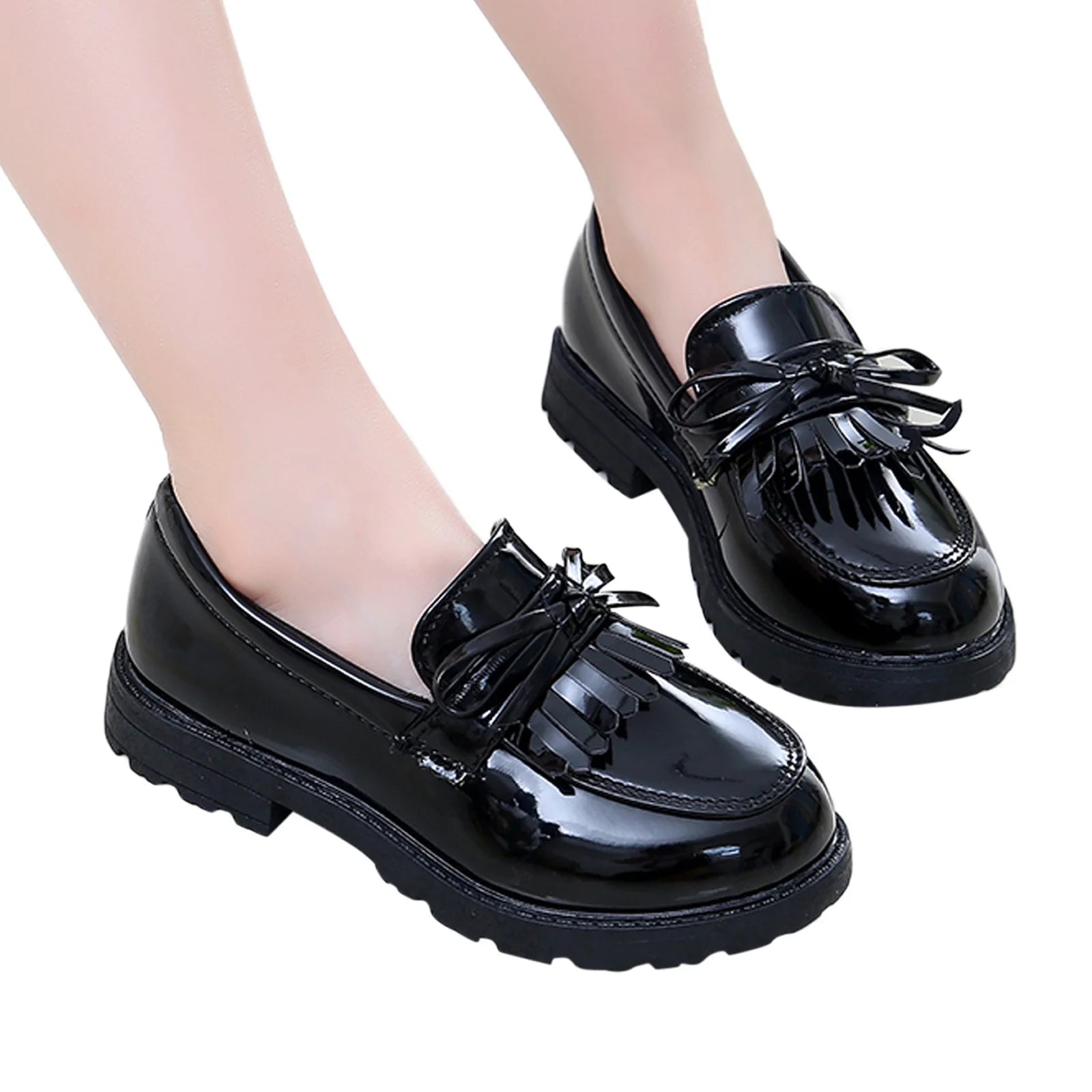Kids Girls Slip on Leather Loafer Tassel Bow Flat School Dress Shoes for Girls Black Children Casual Small Leather Shoes Indoor Outdoor Wear