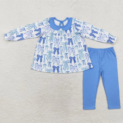 Wholesale Infant Long Sleeves Clothing Blue Flower Shirt Baby Girl Floral Outfit Toddler Skirt Skorts Shorts Children Kids Set