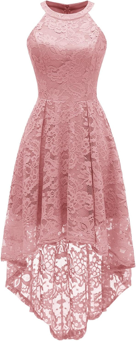 Women Halter Lace Wedding Guest Dress Hi-Lo Cocktail Party Bridesmaid Formal Dresses
