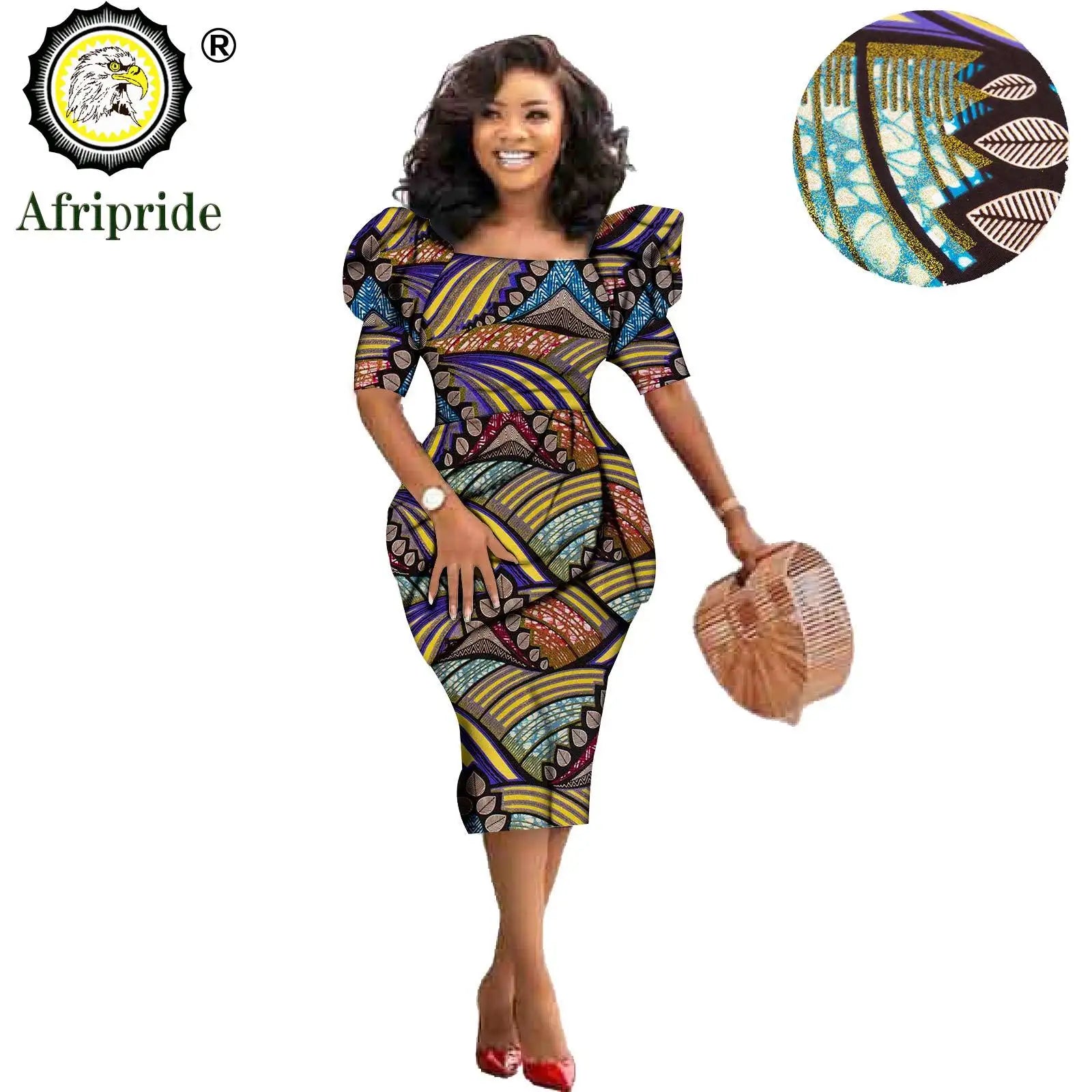 African Ankara Dresses for Women Dashiki Dress Bodycon Dress Print Wax Batik Short Sleeve Party Midi Dress for Lady S2025060