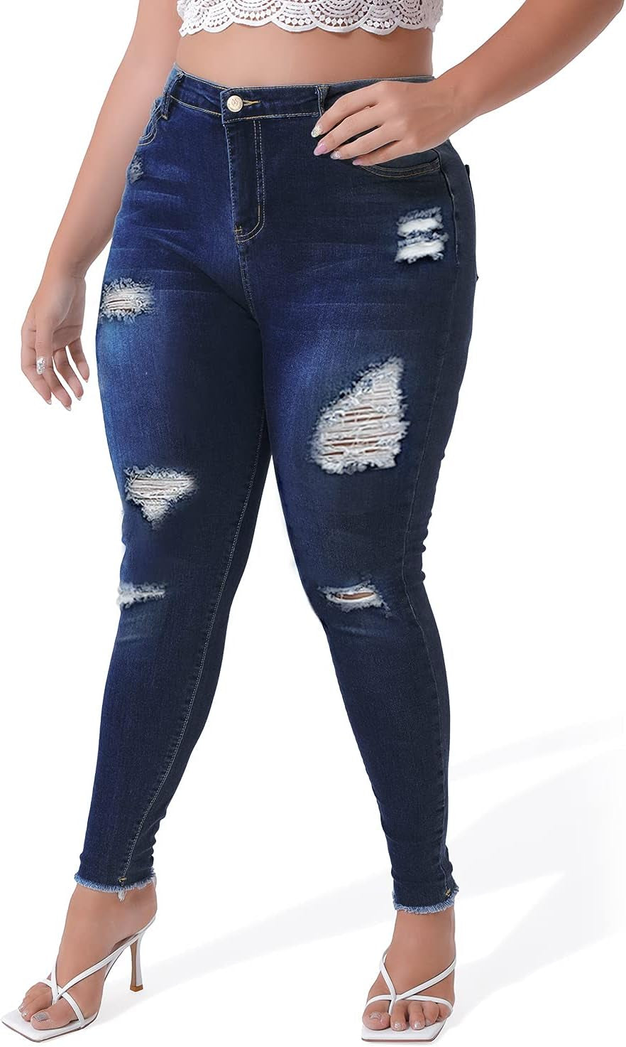 plus Jeans for Women Stretch plus Jeans Distressed Ripped Skinny Denim Stretch Slim Length Jeans Pants