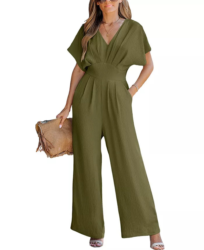 Women'S V-Neck Short Sleeve Straight Leg Jumpsuit