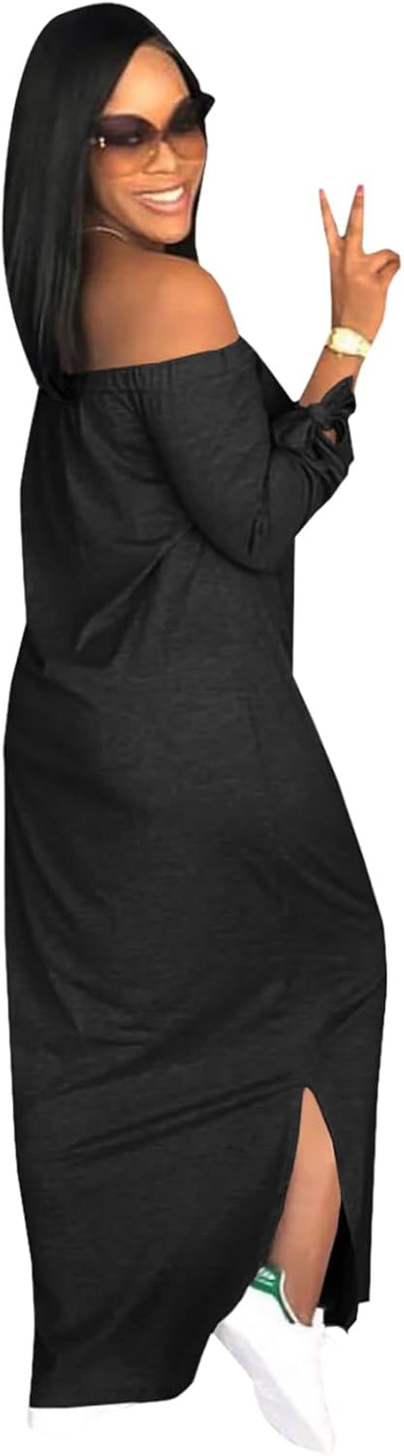 Women'S Casual Letter Print off Shoulder Long Sleeve Bowknot Sides Slit Loose Long T-Shirt Maxi Dress