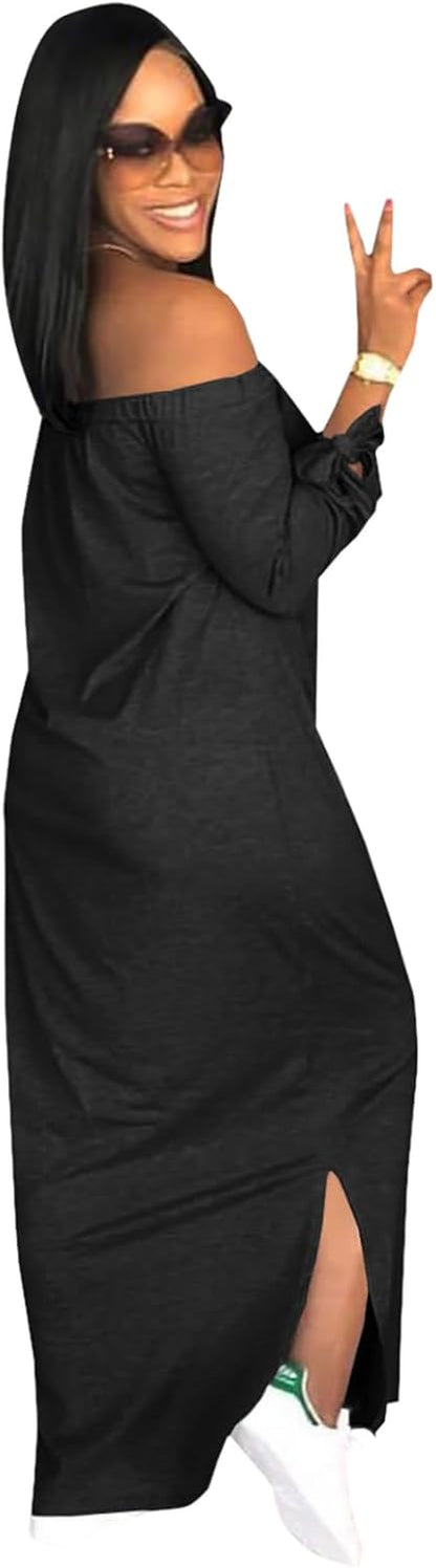 Women'S Casual Letter Print off Shoulder Long Sleeve Bowknot Sides Slit Loose Long T-Shirt Maxi Dress