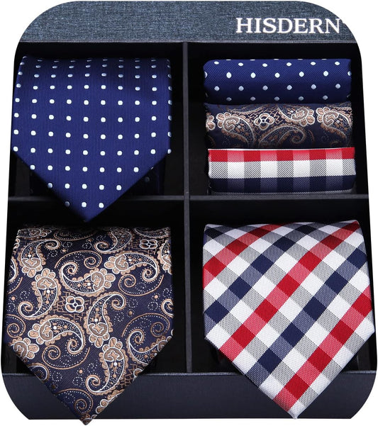 Mens Ties and Pocket Square Set Business Elegant Ties for Men Classic Lot 3 Pcs Wedding Party Neckties & Handkerchief