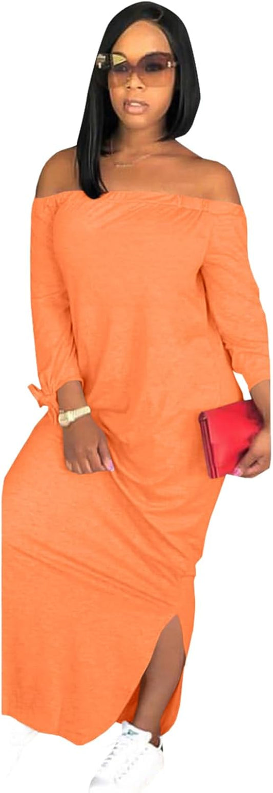 Women'S Casual Letter Print off Shoulder Long Sleeve Bowknot Sides Slit Loose Long T-Shirt Maxi Dress