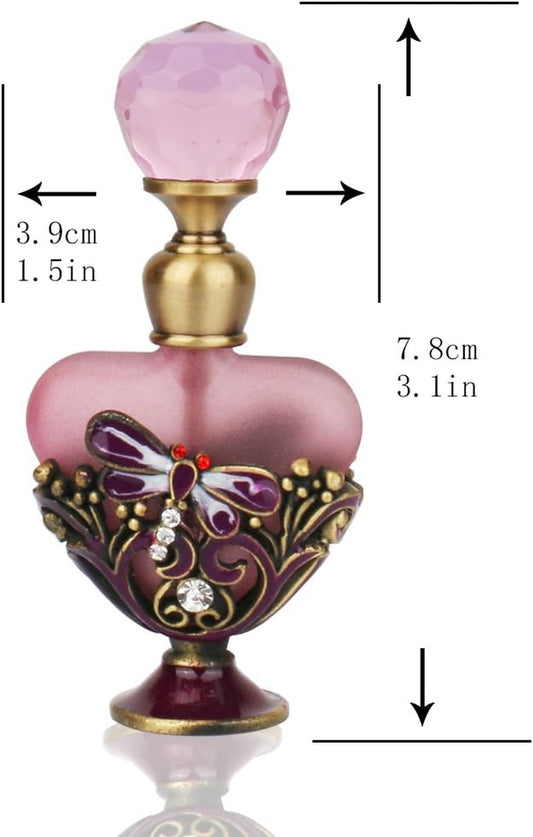 Vintage Dragonfly Pewter and Glass Perfume Bottle with Diamand, Empty Refillable Mini Perfume Bottle