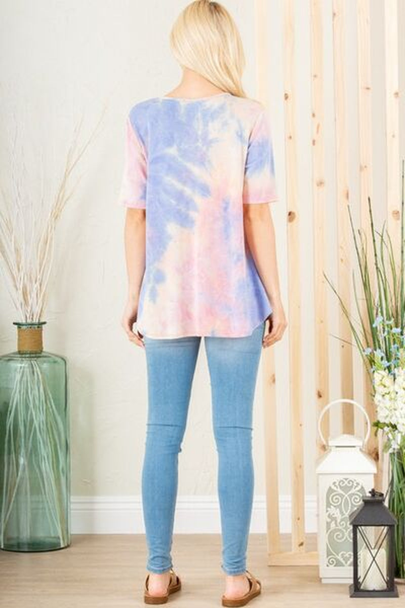 Heimish Full Size Crisscross Tie Dye Babydoll Top plus Size