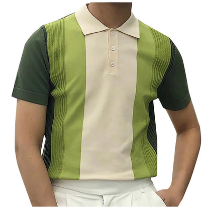 Men'S Short Sleeve Shirt Knit Striped Lapel Shirt Tops