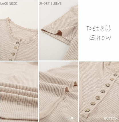 Women 2025 Summer Henley Tunic Top V Neck Short Sleeve Button up Solid Slim Fit Casual Ribbed Knit Shirt Blouses