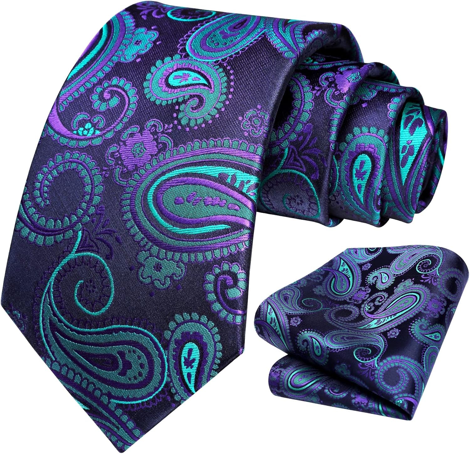 Extra Long Ties for Men Classic Floral Tie and Pocket Square Elegant Silk Necktie Handkerchief Set Wedding Party