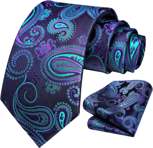 Extra Long Ties for Men Classic Floral Tie and Pocket Square Elegant Silk Necktie Handkerchief Set Wedding Party