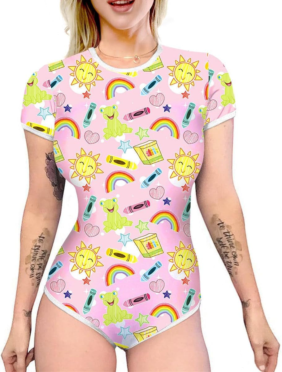 Women'S Short Sleeve Romper Pajamas Bodysuit Cute One Piece Sleepwear Bodycon Jumpsuit Nightwear