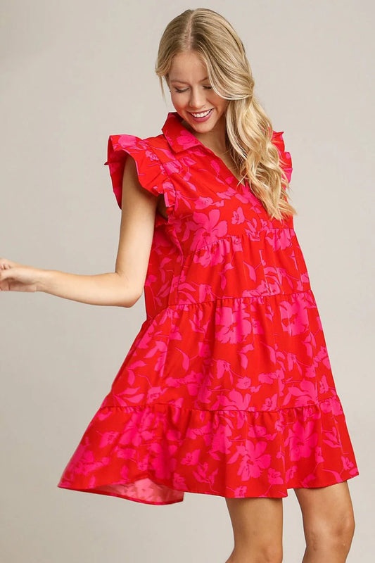 Umgee Full Size Floral Print Ruffle Cap Sleeve Tiered Dress plus Size