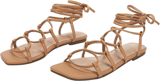 Womens Lace up Square Toes Flat Sandals with Ankle Strap Summer Criss-Cross Gladiator Shoes