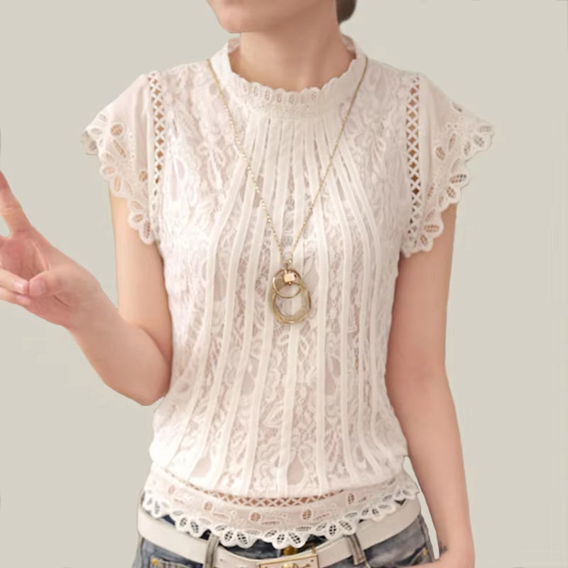 Ladies White Lace Blouse Short Sleeve Stand Collar Women Tops Elegant Patchwork Crochet Women Shirt plus Size Blusas Mujer 01C