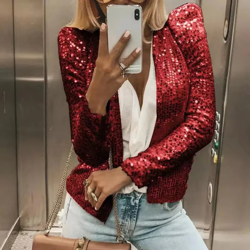Women Sequin Jackets Glitter Long Sleeve Short Coats Streetwear Elegant Solid Female Tops Female Ladies Office Wear Streetwear