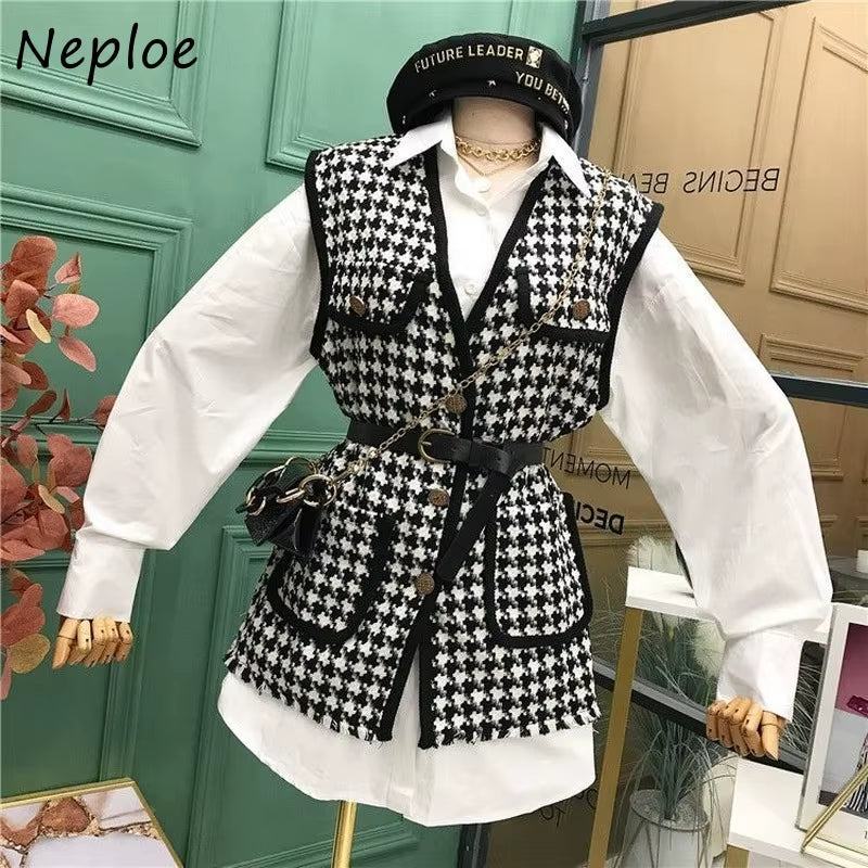 Small Fragrance Vintage 2 Pcs Women Set Turn down Collar Long Sleeve Shirt + V Neck Sleeveless Plaid Vest Spring Suit