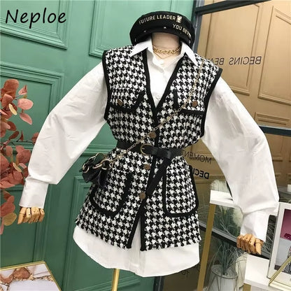 Small Fragrance Vintage 2 Pcs Women Set Turn down Collar Long Sleeve Shirt + V Neck Sleeveless Plaid Vest Spring Suit