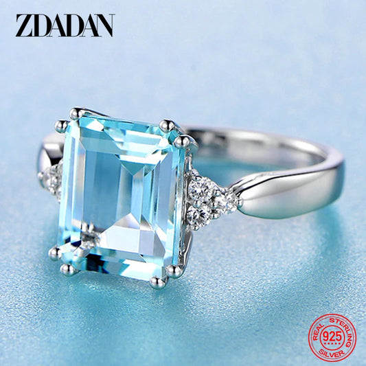 925 Sterling Silver Fashion Aquamarine Gemstone Ring for Women Wedding Party Jewelry Gifts Wholesale