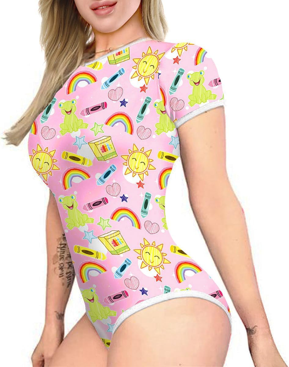 Women'S Short Sleeve Romper Pajamas Bodysuit Cute One Piece Sleepwear Bodycon Jumpsuit Nightwear