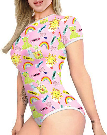 Women'S Short Sleeve Romper Pajamas Bodysuit Cute One Piece Sleepwear Bodycon Jumpsuit Nightwear