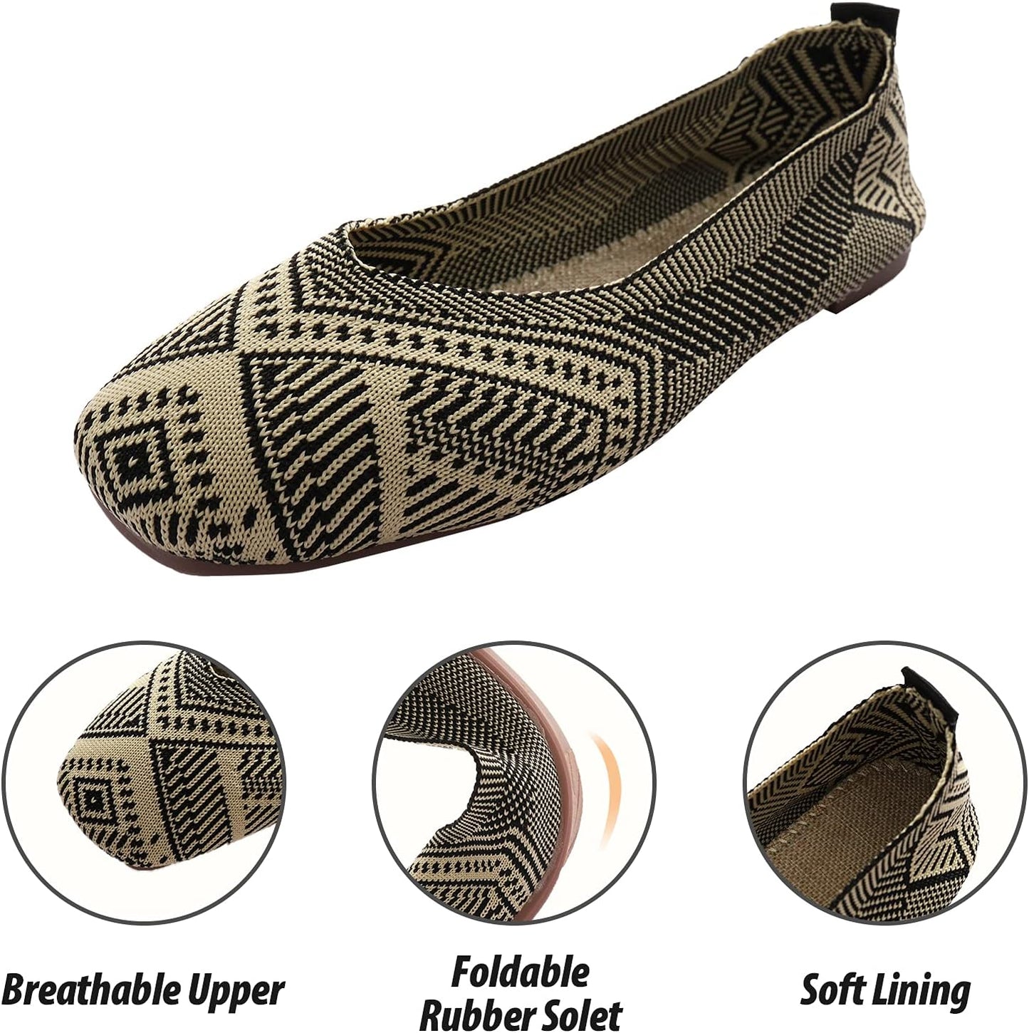 Womens Flats Knit Dress Shoes, Low Wedge Flat Shoes Comfort Slip on Flats, Shoes for Woman Classic Softable Black 7