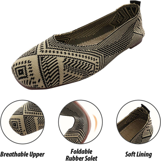 Womens Flats Knit Dress Shoes, Low Wedge Flat Shoes Comfort Slip on Flats, Shoes for Woman Classic Softable Black 7
