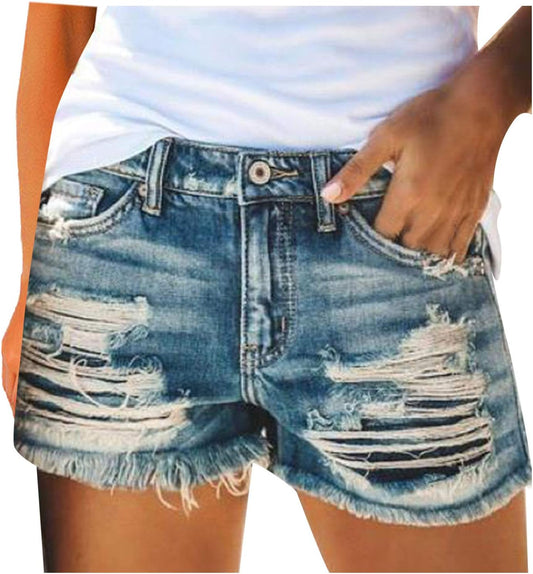Denim Shorts for Women Summer Retro Ripped Jean Sexy Slim Hole Street Zipper Closure, Blue, Medium