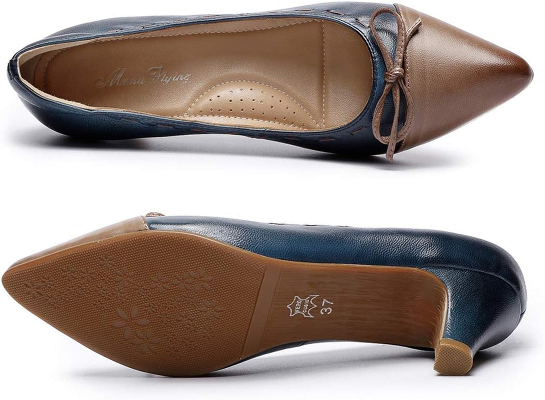 Womens Leather Elegant Pointed Toe Bowknot Pumps Ladies Kitten Heels Dressy Casual Office Work Shoes