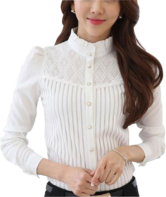 Womens Vintage Victorian Pleated Button down Shirt Long Sleeve Stretch Blouse