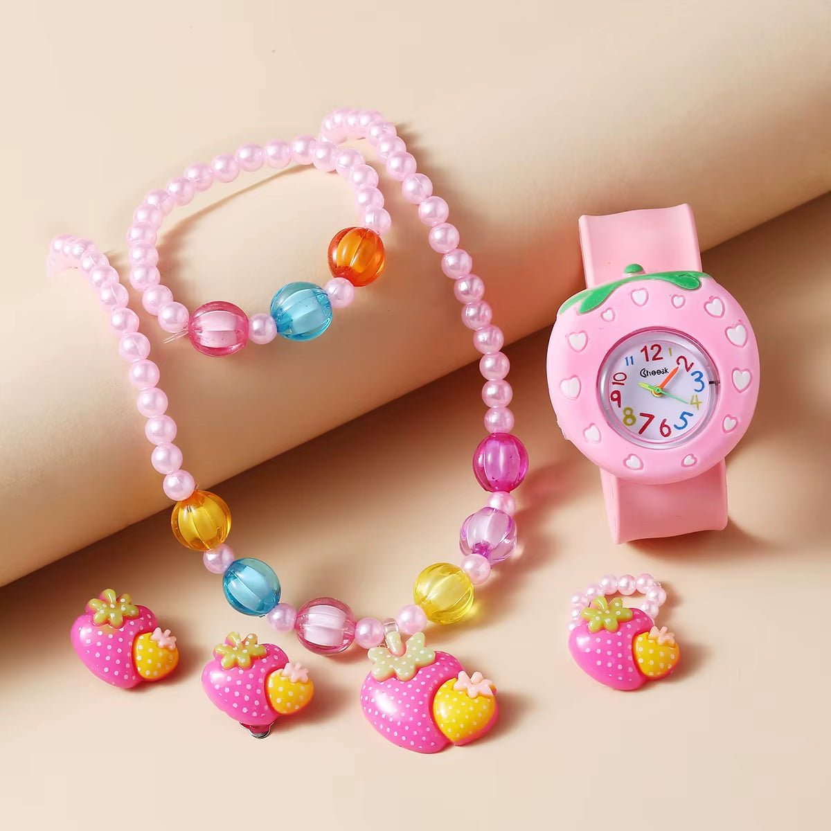 Children Rainbow Horse Patter Watch Jewelry Set Necklace Earrings Ring Bracelet Gifts for Children and Girls