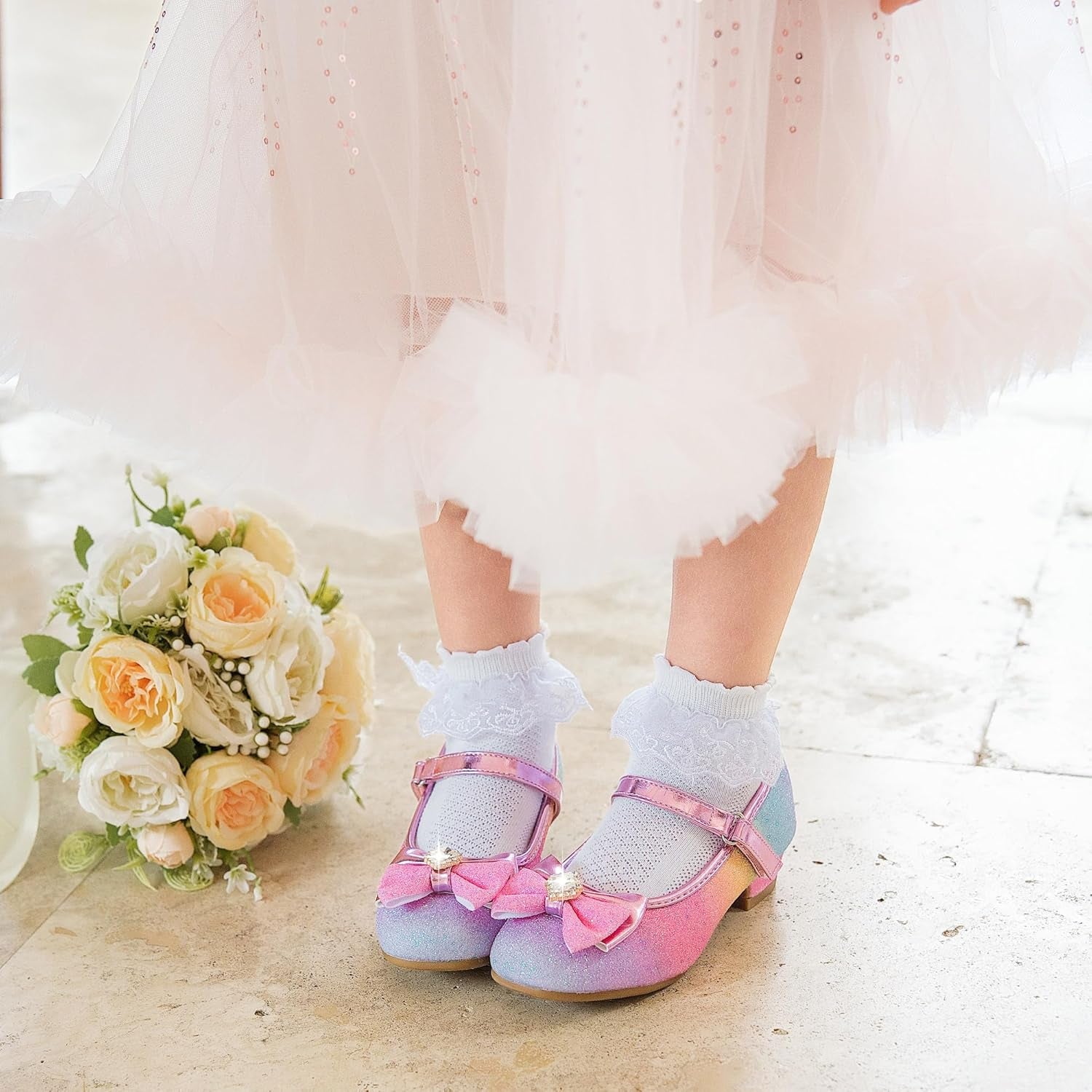 Girls Dress Shoes Mary Jane Wedding Flower Bridesmaids Heels Glitter Princess Shoes for Kids Toddler