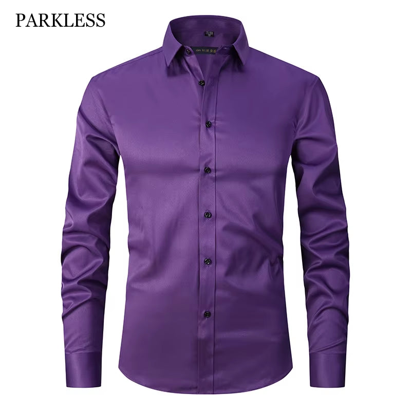 Men'S Purple Bamboo Fiber Dress Shirts Brand Long Sleeve Shirt Solid Slim Fit Casual Formal Non Iron Work Shirt Camisa Masculina