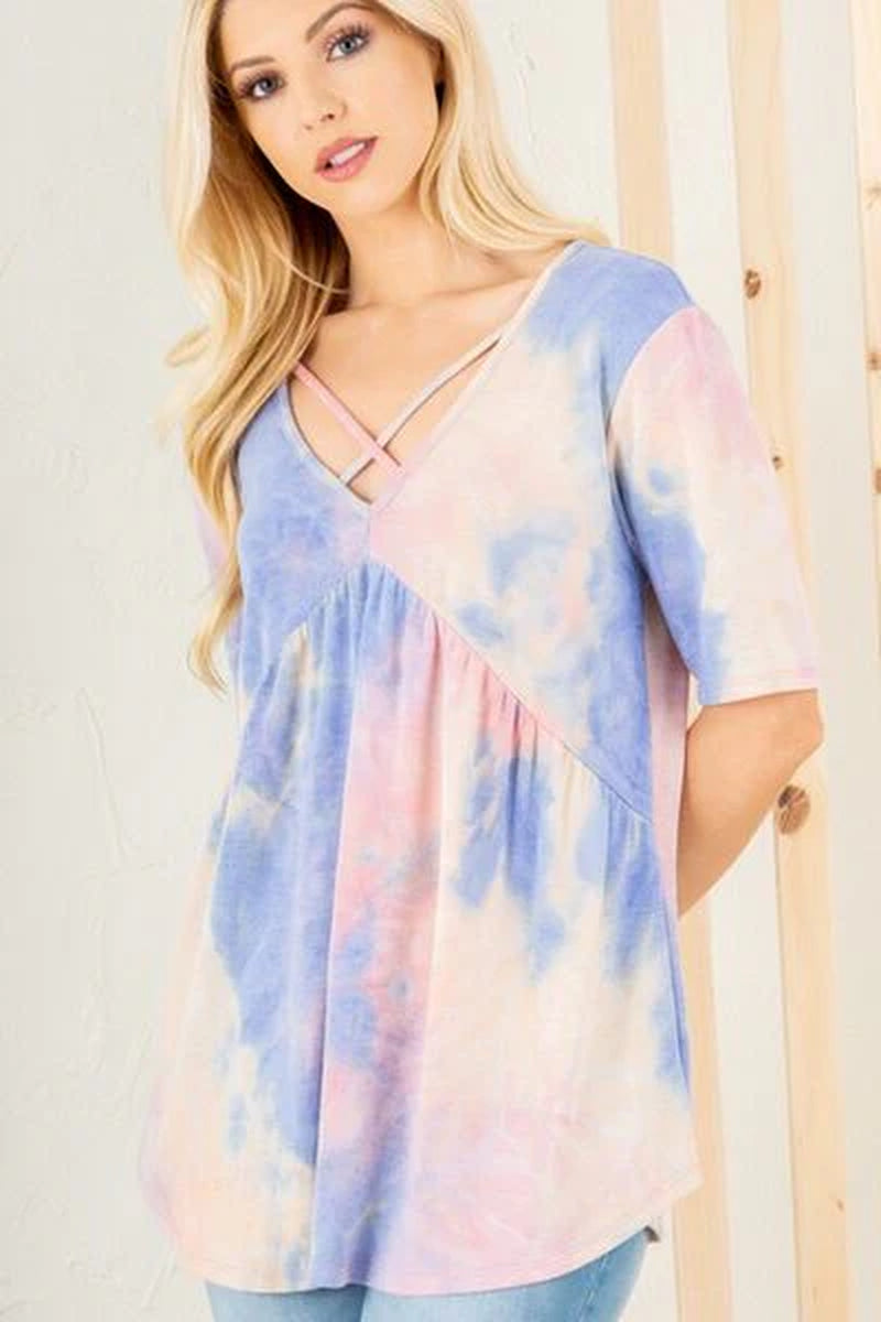 Heimish Full Size Crisscross Tie Dye Babydoll Top plus Size