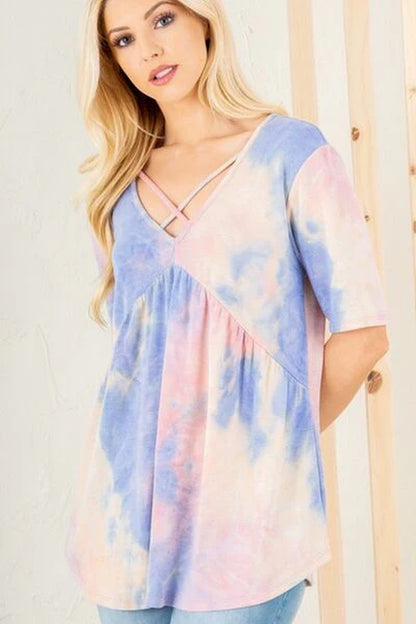 Heimish Full Size Crisscross Tie Dye Babydoll Top plus Size