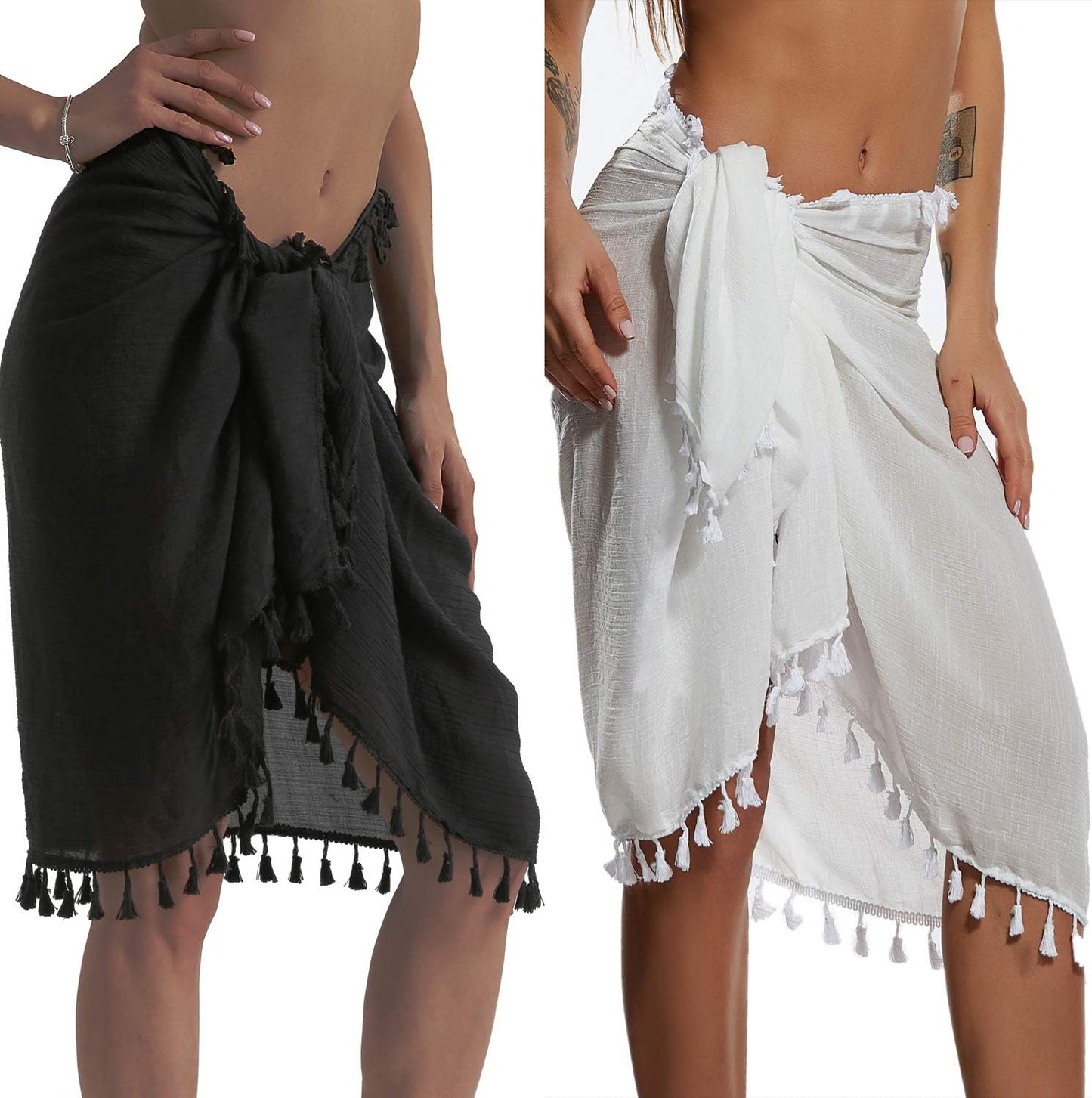 Beach Sarong Pareo Womens Semi-Sheer Swimwear Cover Ups Short Skirt with Tassels