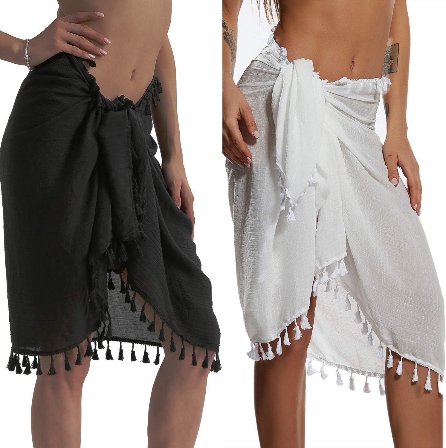 Beach Sarong Pareo Womens Semi-Sheer Swimwear Cover Ups Short Skirt with Tassels