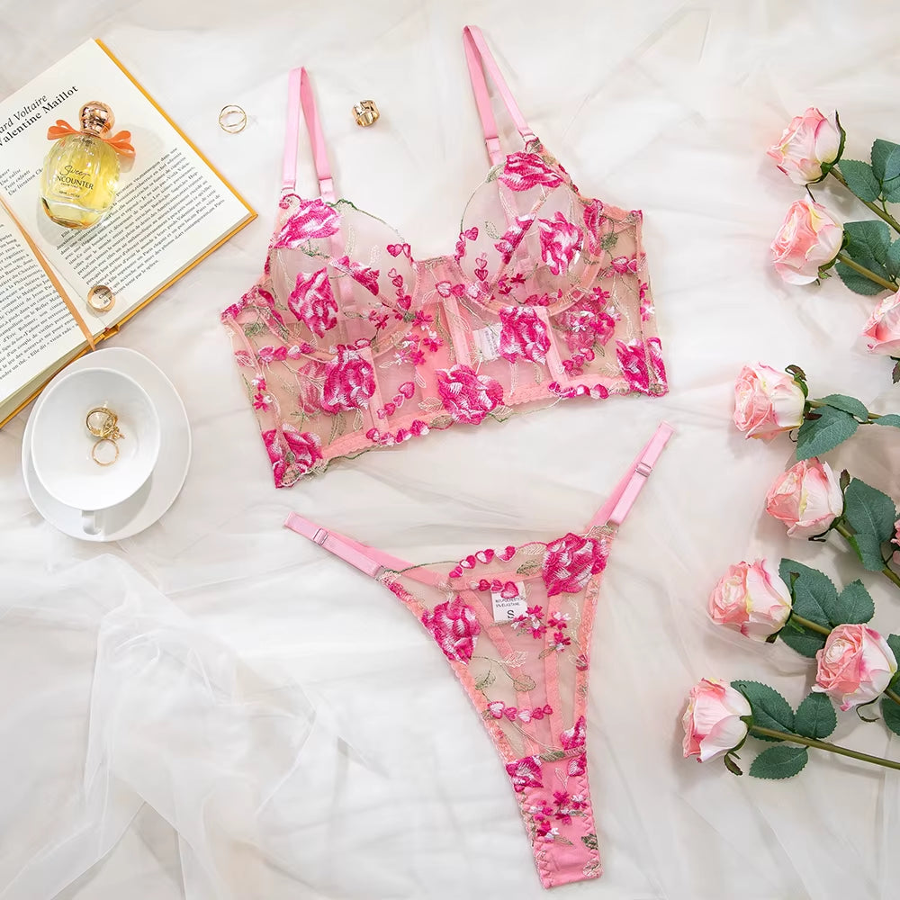 Floral Embroidery Lingerie Set Women Boho Intimates Sensual Sexy 2-Piece Bra + Panty Underwear Set