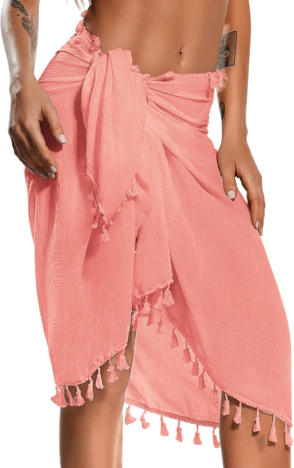 Beach Sarong Pareo Womens Semi-Sheer Swimwear Cover Ups Short Skirt with Tassels