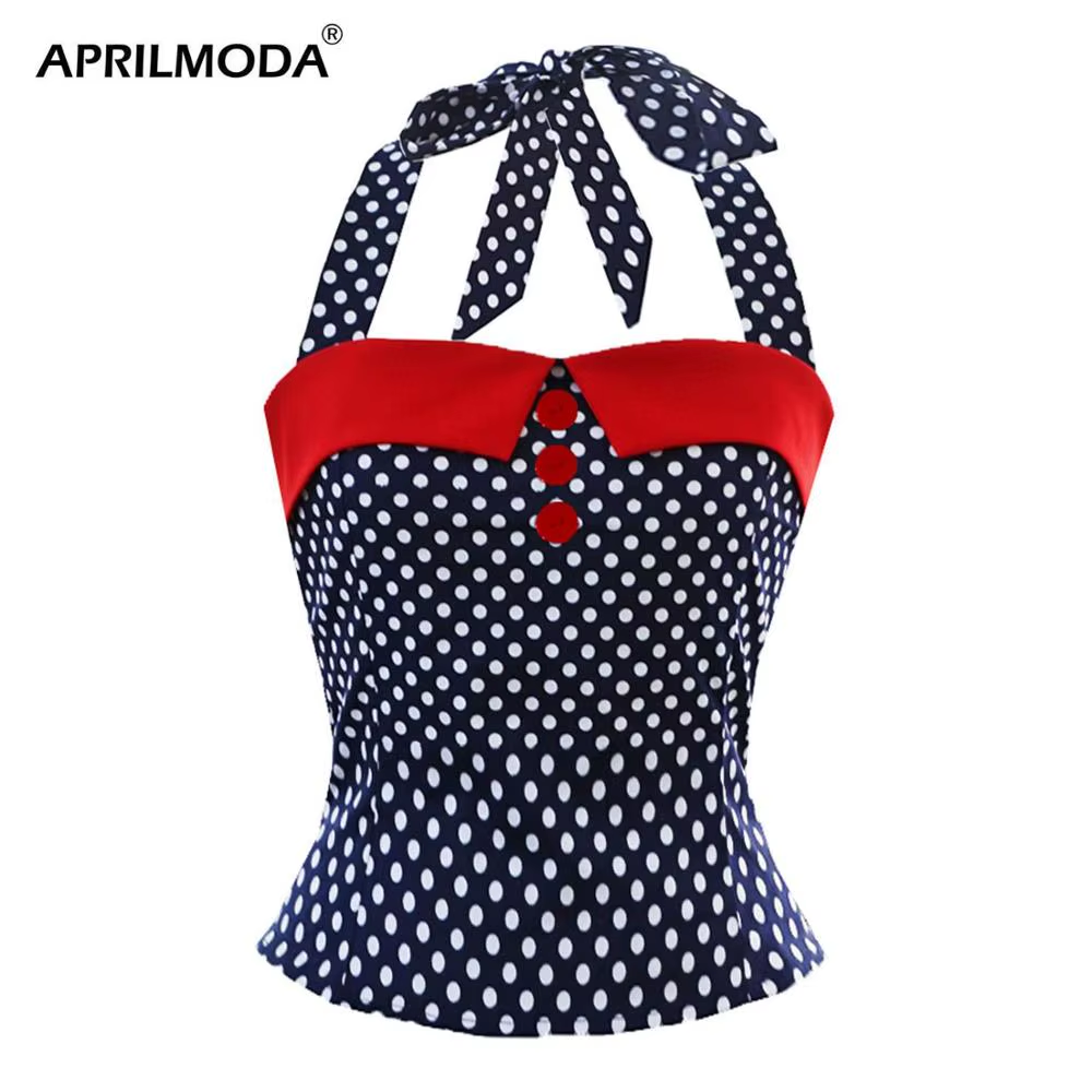 50S 60S Halter Top Retro Woman Polka Dot Vintage Halterneck Slim Fit Button Shirt Cropped Shirts Pinup Clothing