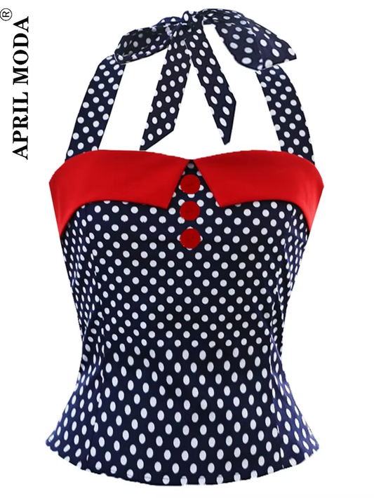 50S 60S Halter Top Retro Woman Polka Dot Vintage Halterneck Slim Fit Button Shirt Cropped Shirts Pinup Clothing
