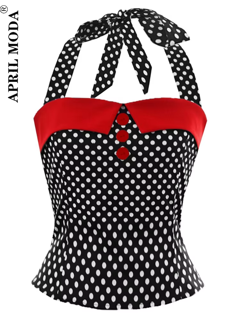50S 60S Halter Top Retro Woman Polka Dot Vintage Halterneck Slim Fit Button Shirt Cropped Shirts Pinup Clothing