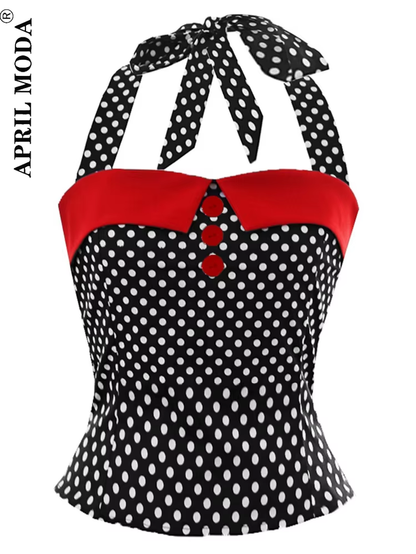50S 60S Halter Top Retro Woman Polka Dot Vintage Halterneck Slim Fit Button Shirt Cropped Shirts Pinup Clothing