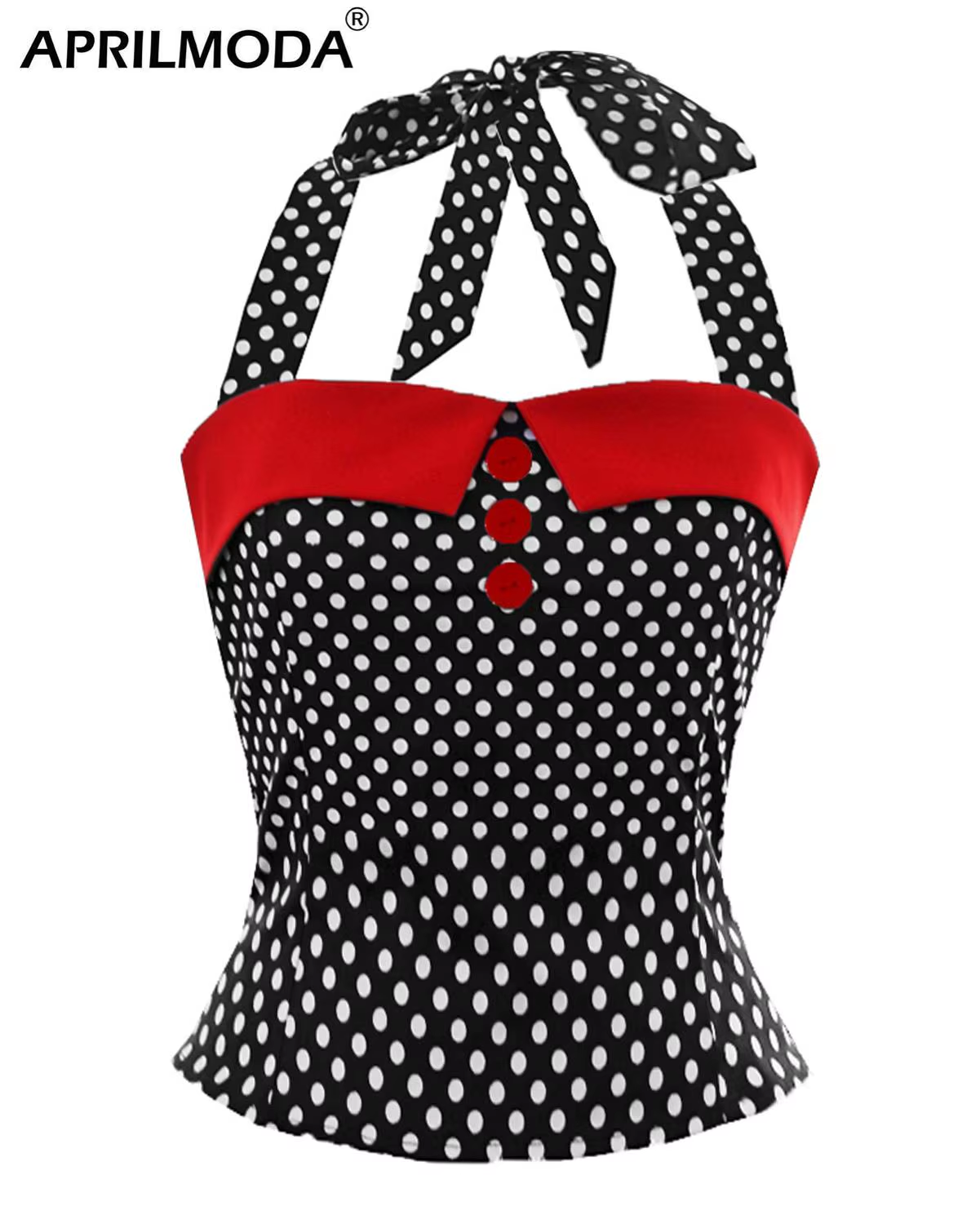 50S 60S Halter Top Retro Woman Polka Dot Vintage Halterneck Slim Fit Button Shirt Cropped Shirts Pinup Clothing